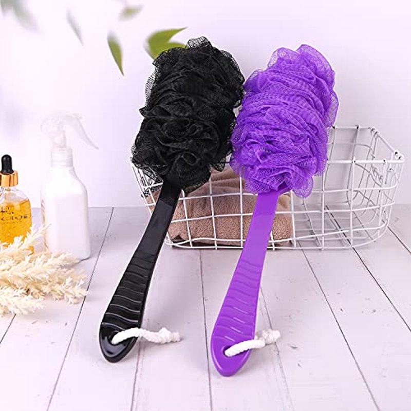 Back Scrubber Brush Long Handle for Shower, Loofah On a Stick Sponge Back Brush, Body Exfoliator Scrubber Bath Brush for Men Women, Exfoliating Cleaning Back Scrubber (2 Pack-Black+Blue)