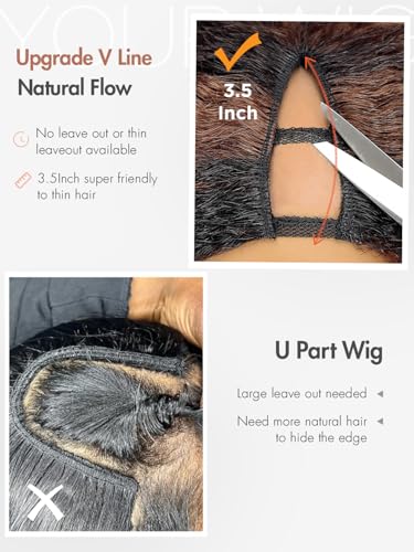 Kinky Straight Half Wig with V Part - 16 Inch Brown Layered Synthetic Wig - Highlight Brown Variation
