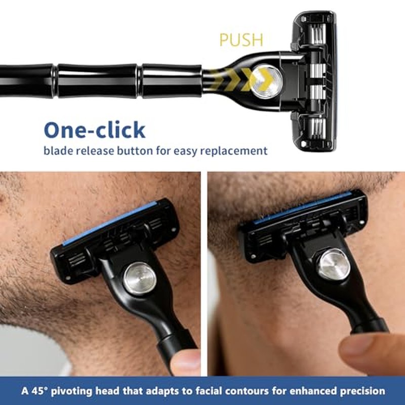 3-Blade Men Razor with Lubricating Strip & Pivoting Head - Safety Razor Blades Kit Includes 2 Handles, 12 Razor Blade Refills, Wall Hook & Cleaning Brush