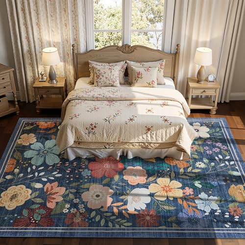 Blue Floral Washable Area Rug 8x10 - Ultra Soft, Non-Slip, Pet Friendly