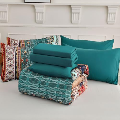 Cottolester Boho Queen Comforter Set - Green & Brown 8 Pieces Bed in a Bag