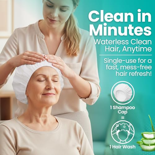 No-Rinse Shampoo & Conditioner Shower Cap, Waterless Hair Washing for Elderly, Bedridden, Hassle-Free Microwavable Hair Washing Cap infused with Aloe & Vitamin E ? 12-Pack