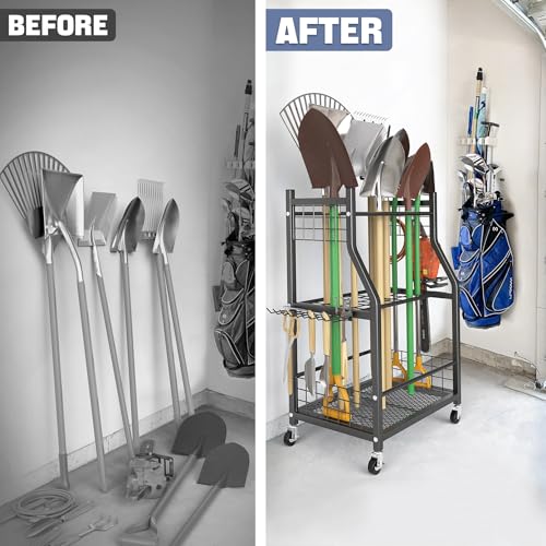 Garden Tool Organizer with Wheels - Black 22.75 Inch Rake & Shovel Stand