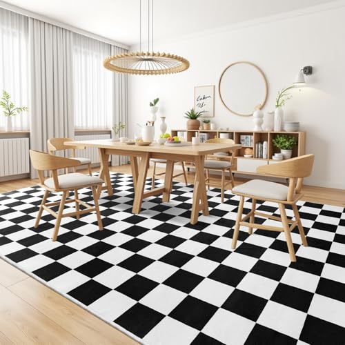 Black and White Checkered Area Rug 8x10 - Soft Non-Slip Floor Mat for Living Room & Home