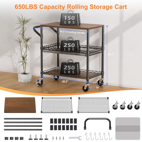 NTE 3-Tier Rolling Kitchen Cart with Wooden Top & Hooks - Black, 650Lbs Capacity