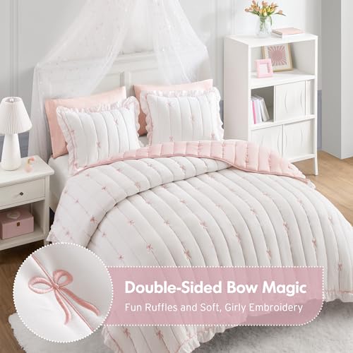 Pink Queen Size Embroidered Ruffle Quilt Set with Bow Details - 3 Piece