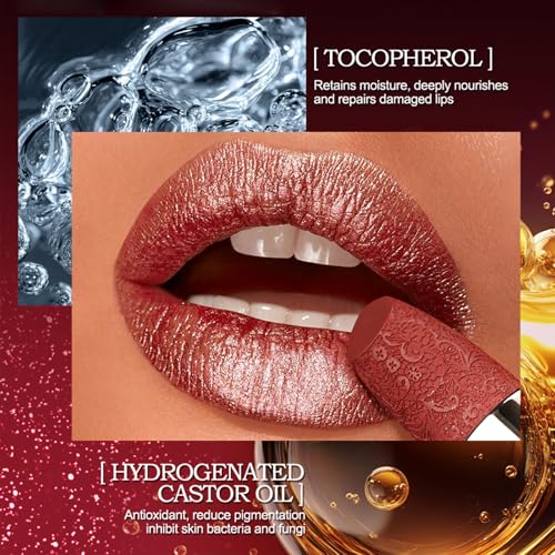 Shimmer Metallic Lipstick, High-Pigment Full Coverage Lip Color, Long-Lasting Waterproof Smudge Proof, Lightweight Hydrating Creamy Formula Metallic Frosted Lipstick for Women Girls