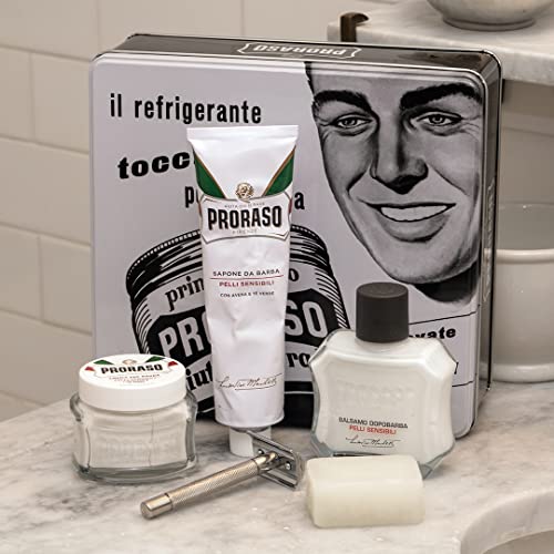 Proraso Sensitive Skin Shaving Kit with Pre-Shave, Cream & After Balm in Vintage Tin