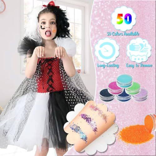 TEUVO Kids Glitter Tattoo Kit with 50 Colors, 199 Stencils, Gems, Glue & Brushes