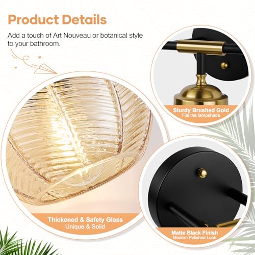 MOKATNG Bathroom Light Fixtures 3-Light Amber Leaf Texture Glass Vanity Wall Lamp