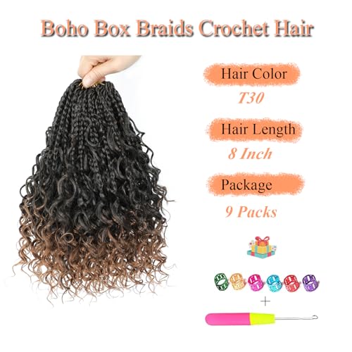 8 Inch Goddess Box Braids Crochet Hair 9 Packs with Curly Ends - 1B/30 Variation