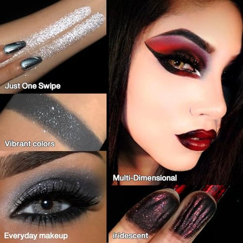Black Grey Red Eyeshadow Palette Goth Makeup, Cold Silver Smokey Eye Shadow Compact Metallic & Matte Finishes Pigmented Burgundy Brown Cream Eyeshadow for Smokey Punk Bold Dark Vampire Gothic Clown