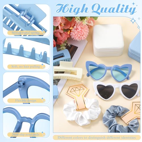 Bridesmaid Proposal Gift Set with White and Blue Accessories - Satin Scrunchies, Jewelry Boxes, Heart Sunglasses, Hair Clips