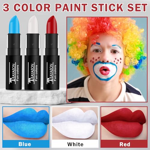 DAMUSI Blue Red White Face Paint Sticks Professional Eye Black Football Baseball Softball,Convenient Design Halloween Face Paint Makeup for Adults and Kids£¨Blue/White/Red Body Paint Sticks£©