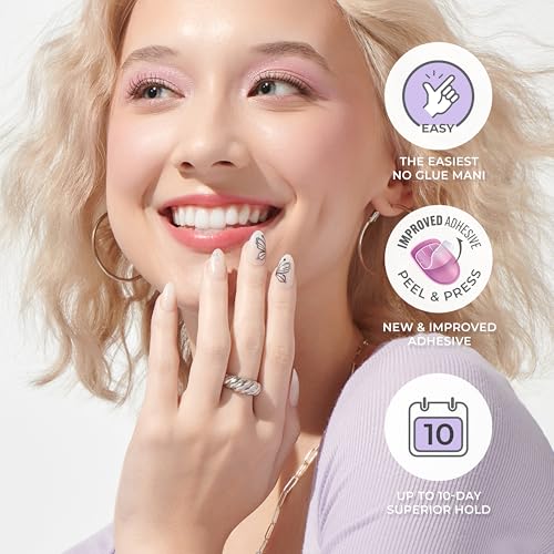 KISS imPRESS No Glue Mani Press On Nails, Design, 'Kingdom', Pink, Short Size, Squoval Shape, Includes 30 Nails, Prep Pad, Instructions Sheet, 1 Manicure Stick, 1 Mini File