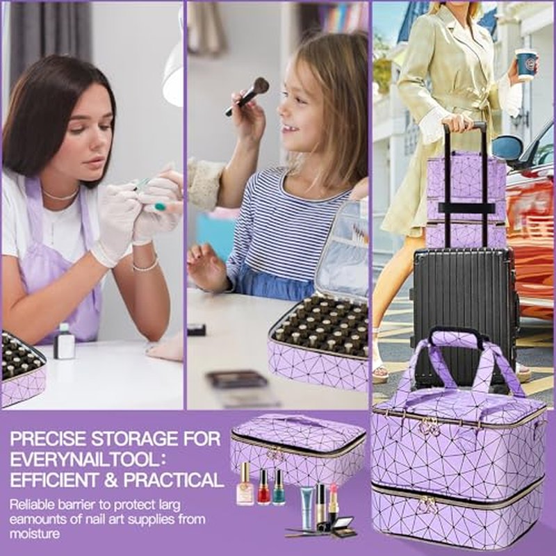 3-Layer Nail Polish Organizer Bag, Holds 84 Bottles and Lamp, Waterproof PU Leather Case with Reinforced Golden Zippers, Portable Nail Tech Travel Bag for Manicure Supplies