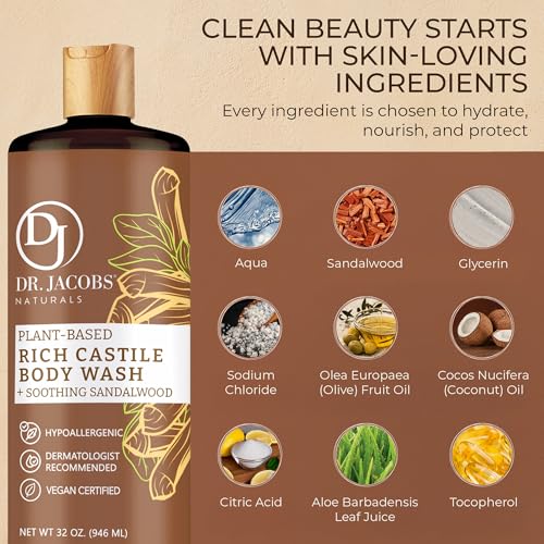 Castile Body Wash with Sandalwood - Plant-Based Liquid Soap 32oz 2 Pack