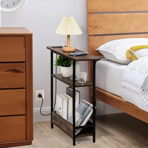 Narrow End Table with USB-C Charging Station - 3-Tier Slim Side Table - USB-C Model