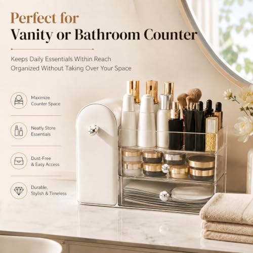Large Makeup Organizer with 27 Brush Slots and Drawer Storage