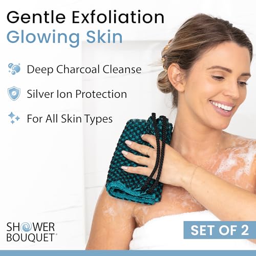 Shower Bouquet Japanese Charcoal & Silver Ion Exfoliating Washcloth Set 2-Pack - Blue & Green Variants