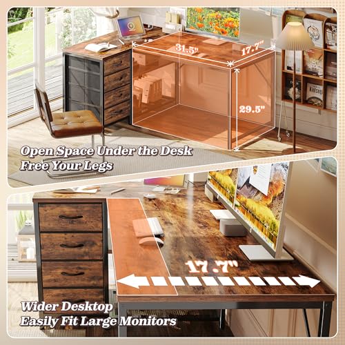 PRAISUN 43.3" Rustic Brown Small L-Shaped Desk with Power Outlets & Storage