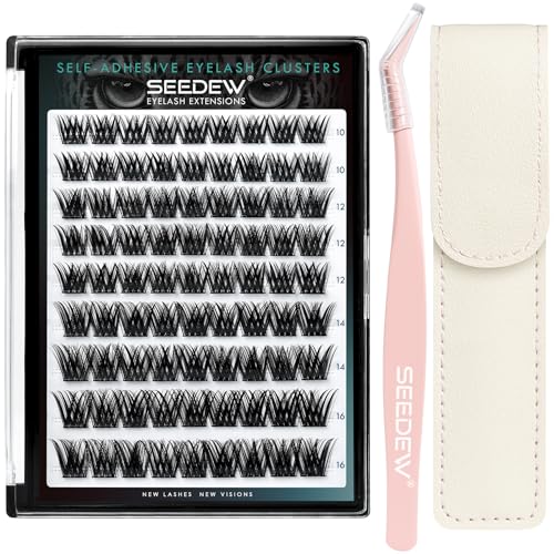 Combinations of P02 Tweezer + Lash Clusters, 81 Pieces DIY Eyelash Extensions, Individual Cluster Lashes, Self Adhesive Lashes at Home(Volume-C Curl-MIX10-16mm-Black)