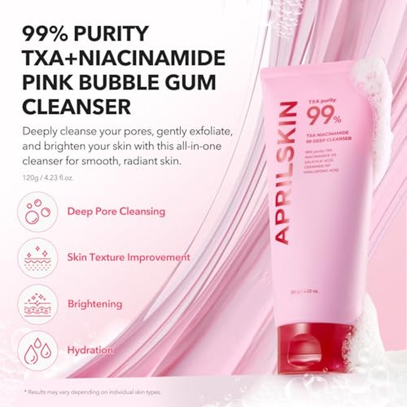 APRILSKIN TXA Deep Cleansing & Hydrating Trio: TXA Niacinamide Pore Cnsare Pink Bubble Gum Deep Cleaer, TXA Toning Shot Spicule Serum and Pink Milky Toner