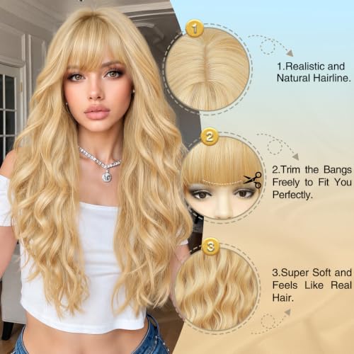 Blonde Wavy Wig with Bangs - 26 Inch Synthetic Long Hair for Women, Natural Look, Costume & Daily Wear Variation of Blonde / 26 Inch