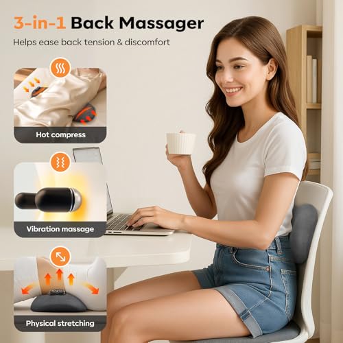 Cordless Back Massager with Heat Vibration & Traction - Rechargeable Lumbar Pillow