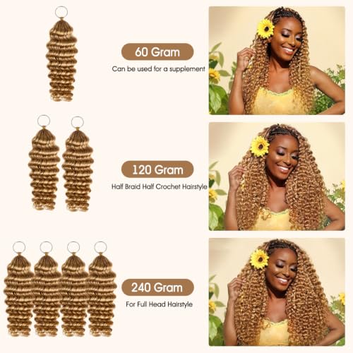 DonsiRol 12in Deep Wave 50g Human Crochet Hair #27 Honey Blonde, Reusable Knotless Feather Hair