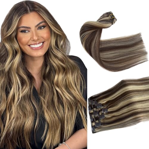 Ubetta 20 Inch Clip-in Hair Extensions #4/613 Blonde Balayage Chocolate Brown - 7pcs 70G