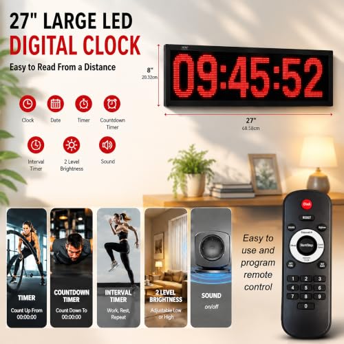 28-Inch Digital LED Wall Clock with Remote Timer Indoor Outdoor Use Large Display