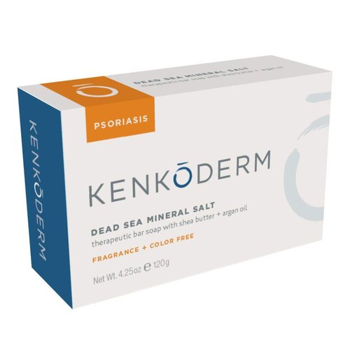 Kenkoderm Psoriasis Mineral Salt Soap with Argan Oil & Shea Butter, 4.25 oz, 4 Bars, Dermatologist Developed Skin Care for Soothing & Moisturizing Psoriasis, Eczema & Rosacea, Fragrance & Color Free