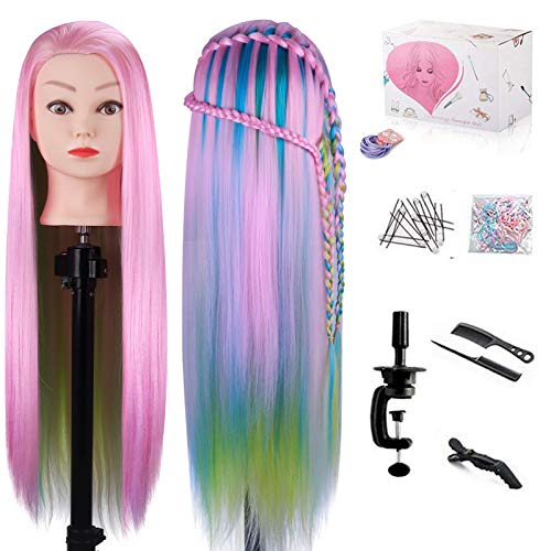 MYSWEETY 29 Inch Colorful Hair Mannequin Head Hairdressing Practice Training Doll Heads Cosmetology Hair Styling Mannequins Heads with Clamp + Practice Tools(PINK)