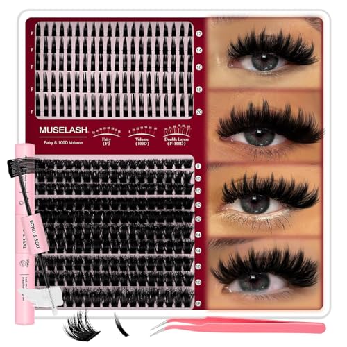 280PCS Lash Clusters Set-100PCS Spiky (12-20mm)+180PCS Volume Eyelash Extension(8-18mm), Individual Lashes with Glue & Tweezers, DIY Lash Extension Kit for Mega Volume & Spiky Look