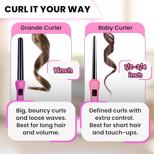 HerStyler Grande Ceramic Curling Iron - 1 Inch Pink Tapered Barrel, Dual Voltage, Negative Ions