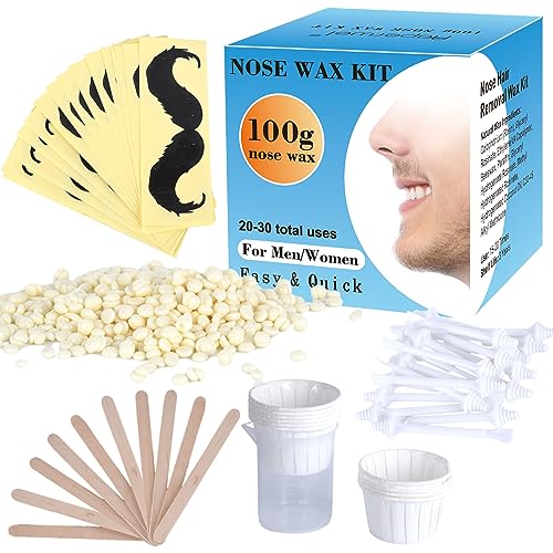 Nostril Waxing Kit, 100g Wax, 20 White Stick Applicator, 15 Mustache Guards, 10pcs Paper Cup for Men Women, Safe Easy Quick Hair Removal, Instant Nose Ear Hair Solution, 15-20 Times Usage