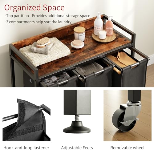 Laundry Hamper with 3 Detachable Bags & Shelf - Rustic Brown & Black - 3 x 15.87 Gallons
