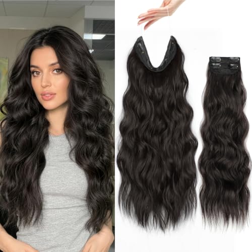 3PCS Invisible Wire & Clip-In Hair Extensions - Natural Black 22 Inch - Full Volume Set