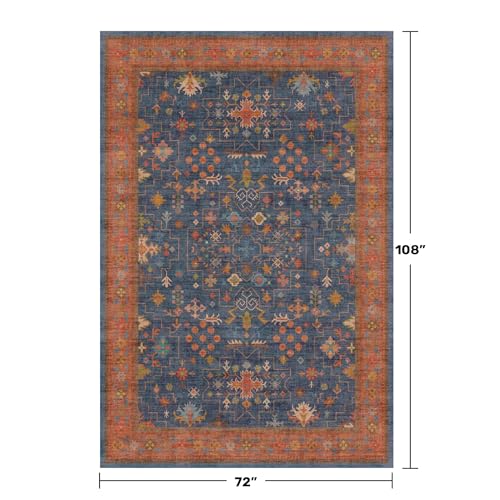 6' x 9' Navy Blue & Terracotta Dining Room Rug - Washable Boho Tribal Area Rug