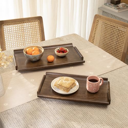 Ellementry Rhythm Brown Wooden Serving Tray Set – Decorative Coffee & Snack Platter