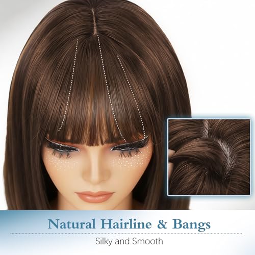 14 Inch Brown Bob Wig with Bangs, Natural Hairline & Glueless Fit