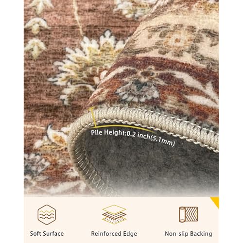 9x12 Reddish Brown Washable Area Rug for Living Room - Vintage Print, Non-Slip, Pet-Friendly, Machine Washable
