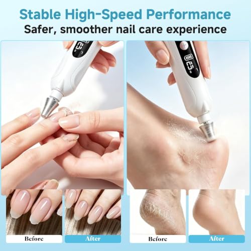 HSKAI Duty White Cordless Electric Nail File for Manicure & Pedicure with LCD & Lamp