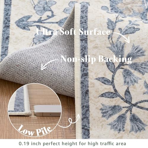 Blue/Cream 5x7 Washable Vintage Floral Area Rug for Living Room - Jinchan