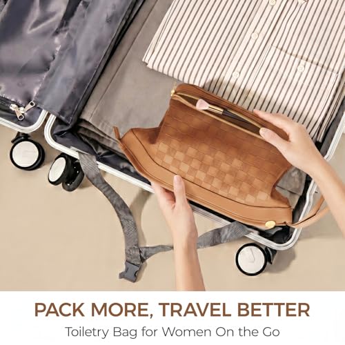 Large Waterproof Makeup Bag for Women with Double Layer & Brush Compartment - Brown