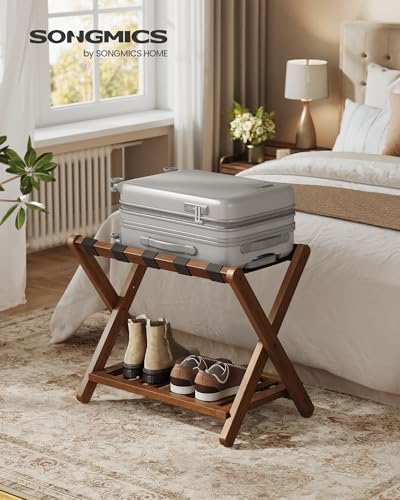 Coffee Brown 2 Pack Solid Wood Luggage Racks with Storage Shelf - No Assembly Needed