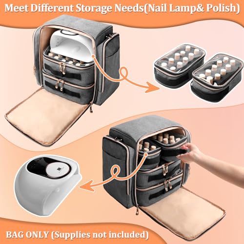 Large Nail Polish Organizer Bag Holds 80 Bottles (15ml/0.5 fl.oz), Portable Nail Lamp Kit Shoulder Case with 4 Removable Pouches, Multiple Pockets for Nail Supplies Storage (Elegant Gray)