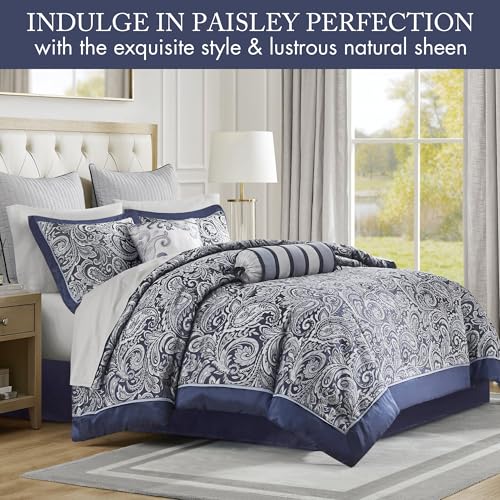 Navy Jacquard Comforter Set with Cotton Sheets - 12 Piece Queen, Variation of Navy Biab