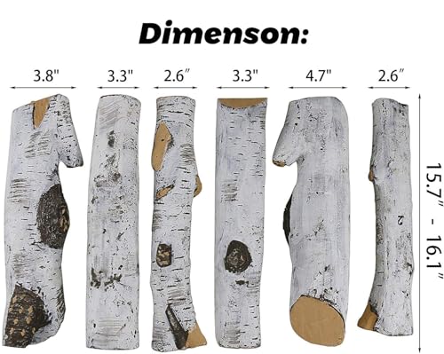 Large 6-Piece White Birch Ceramic Gas Fireplace Logs for Indoor & Outdoor Fire Pits